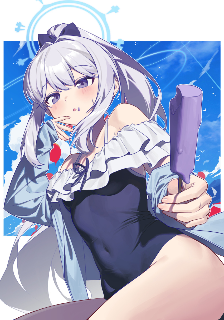 1girl absurdres airseal artist_name blue_archive blue_halo blue_one-piece_swimsuit blush bow breasts casual_one-piece_swimsuit commentary covered_navel food frilled_one-piece_swimsuit frills hair_bow halo highres holding holding_food holding_popsicle long_hair looking_at_viewer miyako_(blue_archive) miyako_(swimsuit)_(blue_archive) official_alternate_costume one-piece_swimsuit parted_lips popsicle purple_bow purple_eyes small_breasts solo spaghetti_strap swimsuit very_long_hair weibo_username white_hair