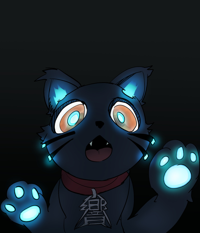2023 808_(hi-fi_rush) :o ambiguous_gender barefoot black_nose blue_ears blue_eyes blue_pawpads blue_paws collar cute_fangs domestic_cat fangs feet felid feline felis feral fur glowing glowing_ears glowing_eyes glowing_pawpads glowing_paws glowing_whiskers grey_background grey_body grey_ears grey_fur hi-fi_rush hi_res japanese_text looking_at_viewer machine mammal multicolored_ears multicolored_eyes nude o_o open_mouth orange_eyes pawpads paws pink_tongue portrait prior_average4857 raised_leg robot sharp_teeth simple_background small_fangs solo teeth text tongue whiskers wide_eyed
