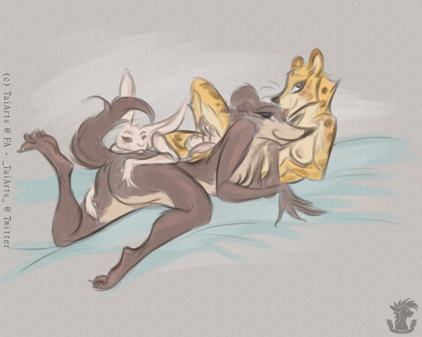 2021 absurd_res anthro beastars breasts brown_body brown_fur butt canid canine canis colored_sketch female female/female fur group haru_(beastars) hi_res interspecies juno_(beastars) lagomorph leporid looking_at_viewer lying mammal nipples nude on_front rabbit reclining sheila_(beastars) sketch smile spots taiarts trio white_body white_fur wolf yellow_body yellow_fur