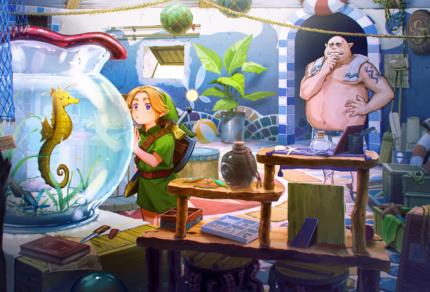 2boys bald blonde_hair blue_eyes book commentary fishbowl green_tunic highres knife link multiple_boys nshi parted_bangs plant potted_plant seahorse tagme tattoo the_legend_of_zelda the_legend_of_zelda:_majora's_mask towel towel_around_neck
