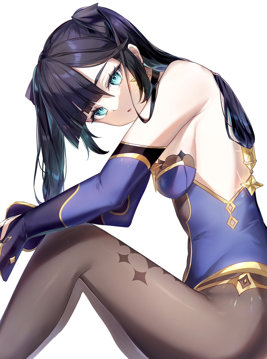 1girl arm_rest armpit_crease bangs bare_shoulders black_hair black_leotard black_pantyhose black_ribbon blunt_bangs breasts detached_sleeves earrings eyelashes feet_out_of_frame from_side genshin_impact glint gold_trim green_eyes hair_ribbon highres jewelry knees_up leotard long_hair mona_(genshin_impact) no_capelet pantyhose parted_lips ponytail_holder pudding_cream ribbon sidelocks simple_background sitting small_breasts solo sparkle_print star_(symbol) star_earrings strapless strapless_leotard swept_bangs thighs twintails white_background