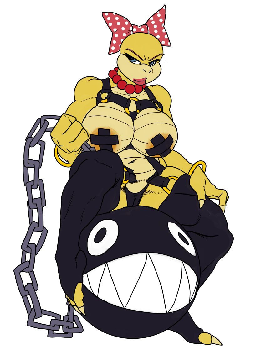3:4 absurd_res anthro areola areola_slip big_breasts biped breasts camel_toe chain_chomp claws clothing female harness hi_res junker_draws koopaling legwear mario_bros nintendo nipple_tape pasties solo tape thigh_highs toe_claws wendy_o._koopa
