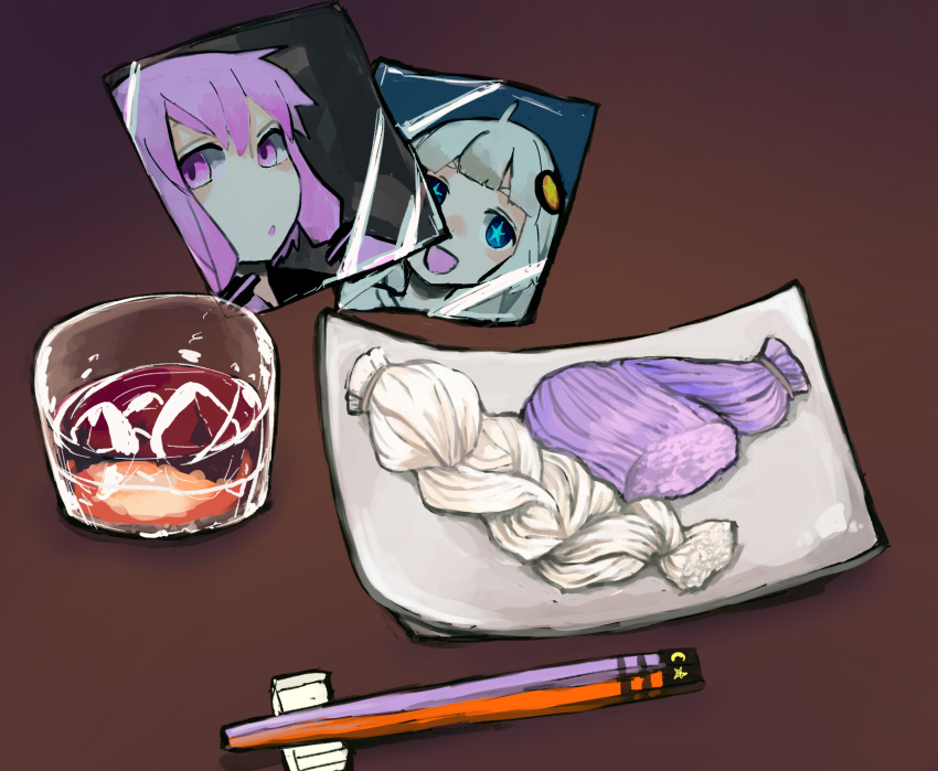 2girls ahoge alcohol aqua_pupils blue_eyes blunt_bangs chopsticks commentary cup drinking_glass food hair_as_food hair_ornament highres kizuna_akari meal multiple_girls noodles open_mouth photo_(object) plate portrait_(object) purple_eyes severed_hair shirt short_hair_with_long_locks smile soumen star-shaped_pupils star_(symbol) symbol-shaped_pupils vocaloid voiceroid whiskey white_hair white_shirt yunuki_uta yuzuki_yukari