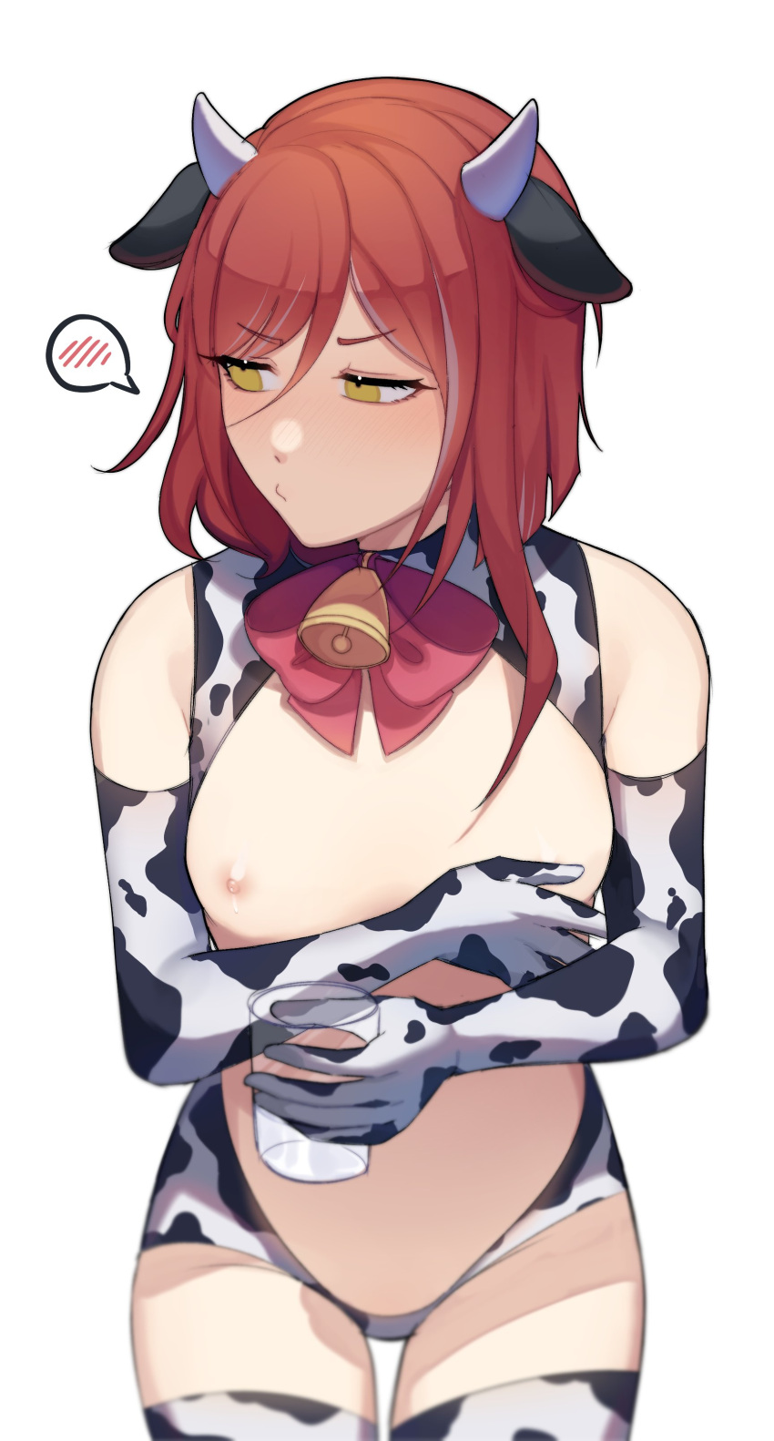 1girl absurdres animal_ears animal_print bell breasts cow_ears cow_girl cow_horns cow_print cow_print_thighhighs cup elbow_gloves embarrassed ensemble_stars! facing_viewer genderswap genderswap_(mtf) gloves highres holding holding_cup horns looking_to_the_side lummy_yummy medium_breasts multicolored_hair neck_bell nipples red_hair sakasaki_natsume short_hair_with_long_locks solo spoken_blush white_background white_hair yellow_eyes