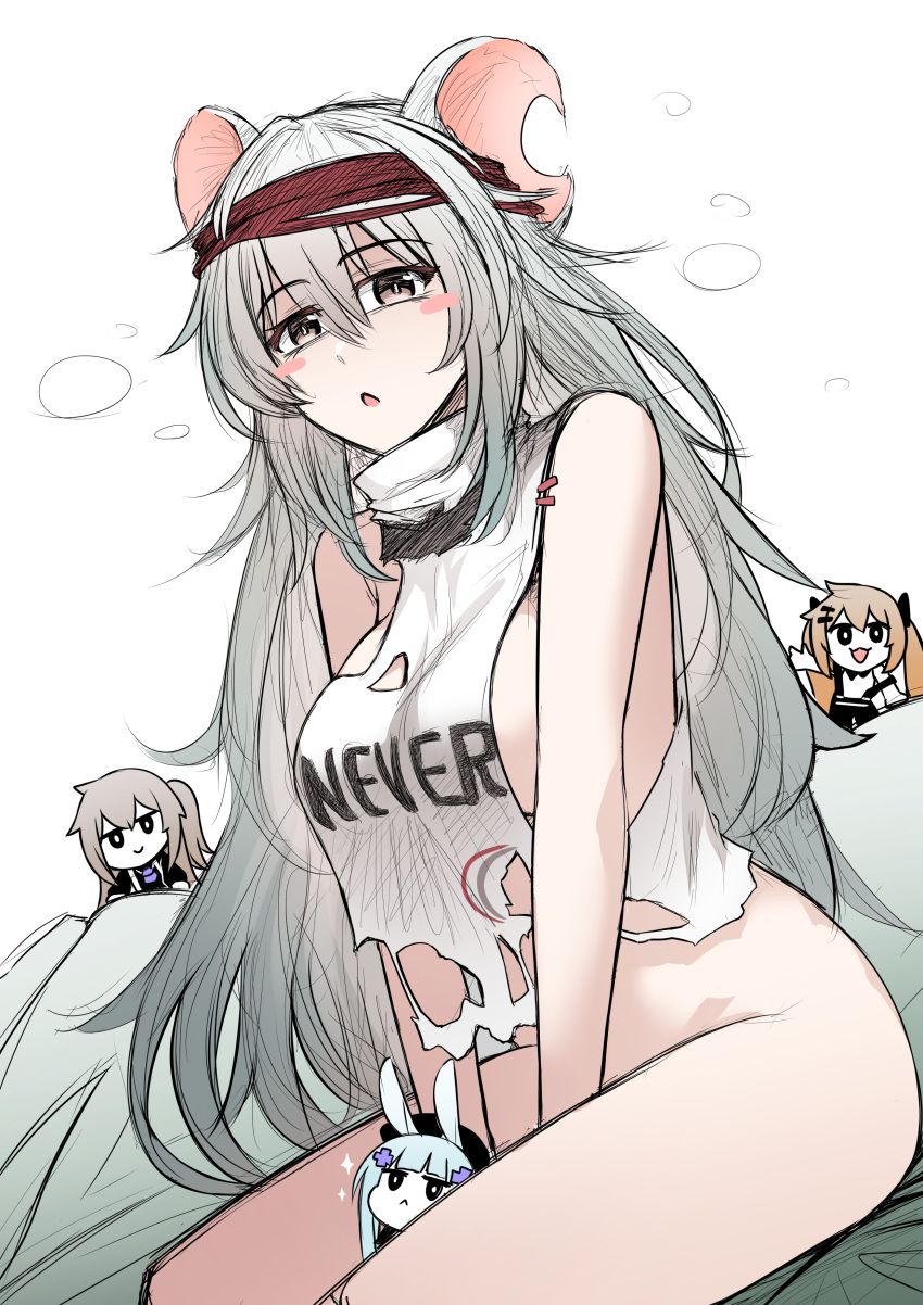 4girls absurdres aged_up animal_ears ass between_legs blush_stickers bottomless breasts brown_eyes clothes_writing commentary english_commentary english_text g11_(girls'_frontline) girls'_frontline grey_hair hair_between_eyes hand_between_legs highres hk416_(girls'_frontline) large_breasts longship looking_at_viewer mini_person minigirl mouse_ears multiple_girls notched_ear official_alternate_costume open_mouth senpaihawkkun shirt simple_background sitting sleeveless sleeveless_shirt torn_clothes torn_shirt ump45_(agent_lop_rabbit)_(girls'_frontline) ump45_(girls'_frontline) ump9_(girls'_frontline) ump9_(shiba_investigator)_(girls'_frontline) white_background white_shirt