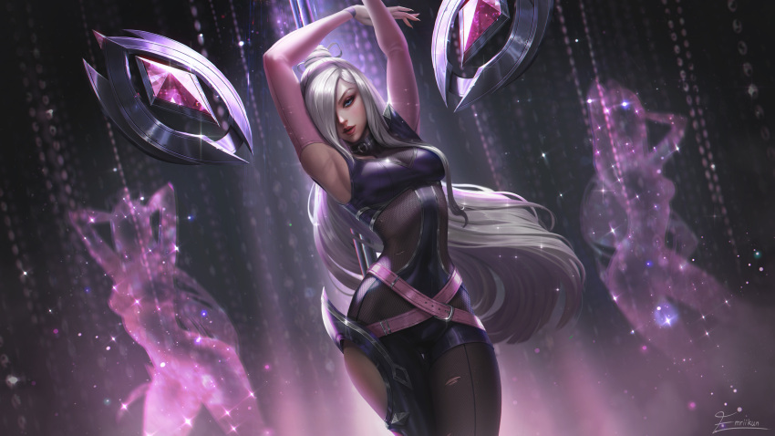 1girl absurdres alternate_costume armpits arms_up artist_name asymmetrical_bangs belt black_pantyhose blue_eyes breasts closed_mouth detached_wings emriikun english_commentary eyeshadow fingernails grey_hair hair_over_one_eye highres indoors kai'sa large_breasts league_of_legends light light_particles light_smile long_hair looking_at_viewer makeup nail_polish pantyhose pink_belt pink_nails pole sharp_fingernails single_leg_pantyhose sleeveless solo standing wings