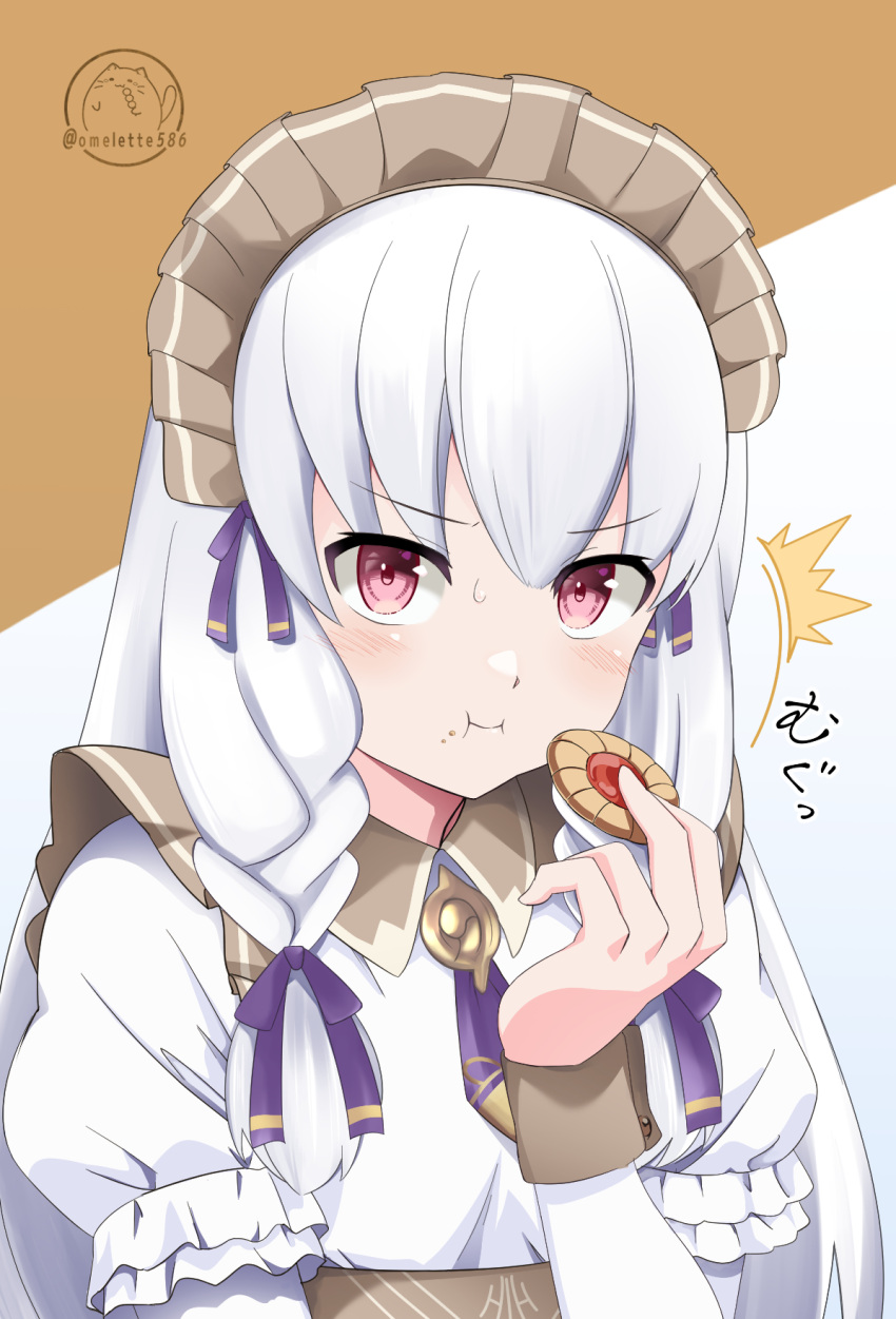 1girl :i braid commentary_request cookie dress fire_emblem fire_emblem:_three_houses fire_emblem_heroes food hair_ribbon highres holding holding_cookie holding_food juliet_sleeves komurice long_hair long_sleeves looking_at_viewer lysithea_von_ordelia maid maid_headdress official_alternate_costume pink_eyes puffy_sleeves purple_ribbon ribbon solo twin_braids upper_body very_long_hair white_dress white_hair