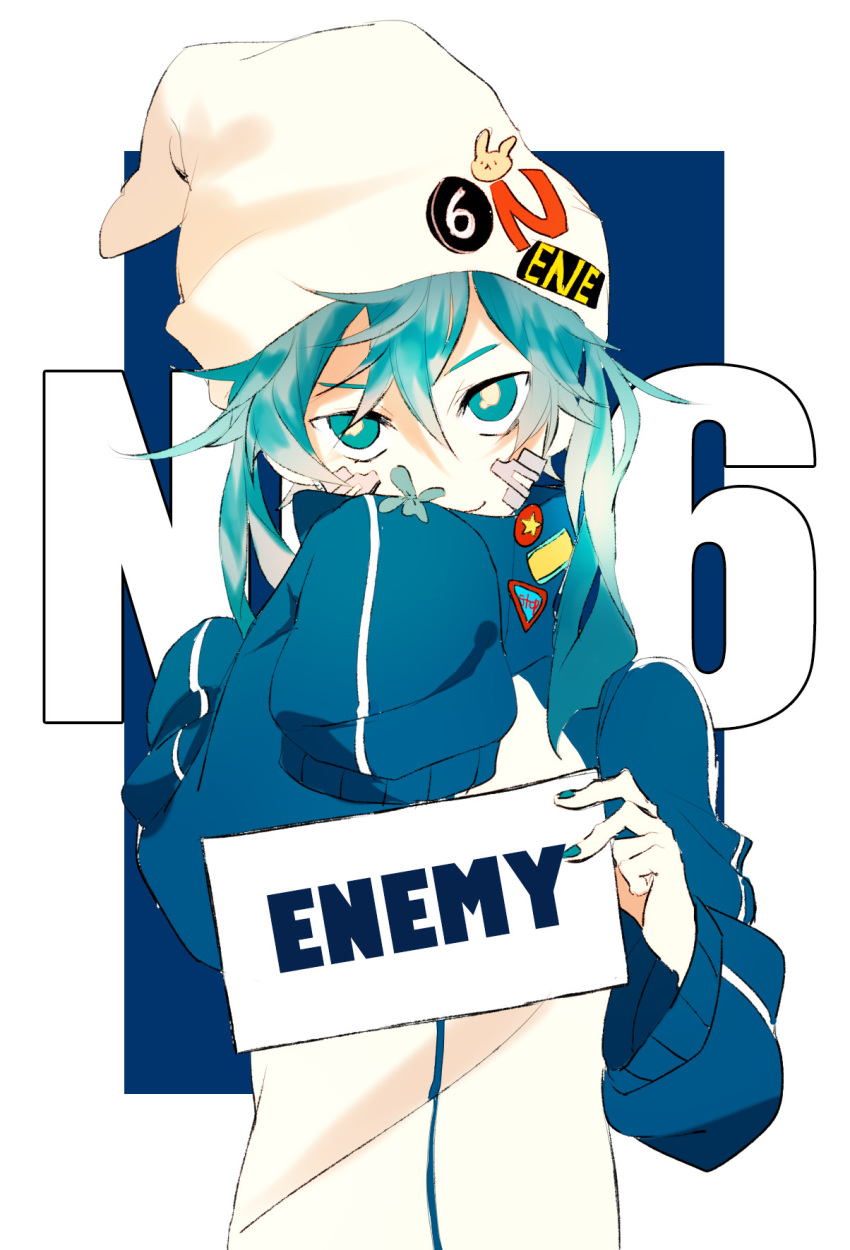 1girl badge beanie blue_background blue_eyes blue_hair blue_jacket blue_nails button_badge casual character_name closed_mouth collared_jacket covering_mouth ene_(kagerou_project) english_text facial_mark fingernails hair_between_eyes hand_over_own_mouth hat hat_ornament headwear_writing highres holding holding_sign jacket jinzou_enemy_(vocaloid) kagerou_project long_hair looking_at_viewer lunar_base_(i-ekk) multicolored_clothes multicolored_jacket outside_border popped_collar rabbit_head sanpaku sign simple_background single_stripe sleeves_past_fingers sleeves_past_wrists smile solo striped track_jacket triangle tsurime two-tone_background two-tone_jacket upper_body very_long_sleeves white_background white_headwear white_jacket white_stripes