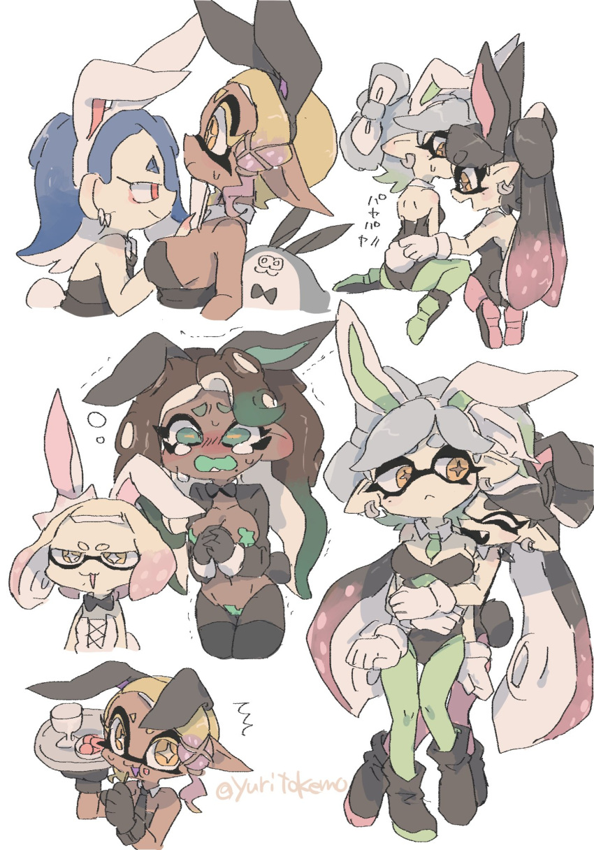 1boy 6+girls alternate_costume animal_ears artist_name big_man_(splatoon) black_footwear black_hair black_leotard blonde_hair blue_hair breasts brown_hair callie_(splatoon) closed_eyes closed_mouth colored_shoe_soles colored_tongue cousins crying crying_with_eyes_open cup detached_collar drinking_glass fake_animal_ears fake_tail flat_chest frye_(splatoon) gradient_hair green_eyes green_hair green_pantyhose green_pasties grey_hair highres holding holding_plate large_breasts leotard male_playboy_bunny manta_ray marie_(splatoon) marina_(splatoon) medium_breasts meme_attire multicolored_hair multiple_girls open_mouth pantyhose pearl_(splatoon) pink_hair pink_pantyhose plate playboy_bunny rabbit_ears rabbit_tail red_eyes reverse_bunnysuit reverse_outfit shiver_(splatoon) shrug_(clothing) simple_background splatoon_(series) strapless strapless_leotard tail tears tentacle_hair white_background white_leotard wine_glass wrist_cuffs yellow_eyes yuritokemo