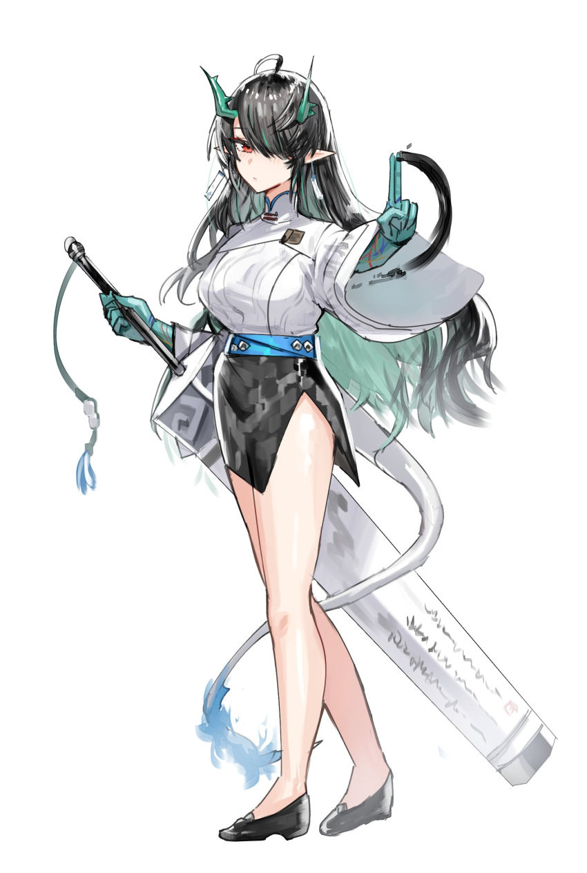 1girl arknights black_footwear black_hair black_skirt breasts colored_inner_hair commentary dragon_girl dragon_horns dragon_tail dusk_(arknights) frown full_body green_hair hair_over_one_eye highres horn/wood horns ink large_breasts long_sleeves looking_at_viewer multicolored_hair pointy_ears red_eyes shirt side_slit simple_background skirt solo sword tail weapon white_background white_shirt wide_sleeves