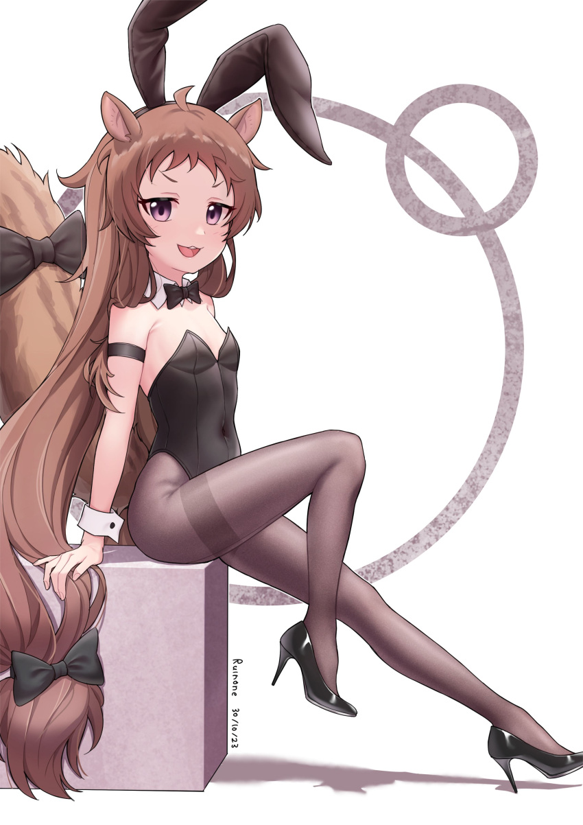 1girl :3 absurdres animal_ears arm_strap artist_name black_bow black_bowtie black_footwear black_leotard black_pantyhose bow bowtie breasts brown_hair commentary covered_navel dated detached_collar english_commentary fake_animal_ears hair_bow high_heels highleg highleg_leotard highres knee_up leotard long_hair low-tied_long_hair open_mouth pantyhose playboy_bunny princess_connect! purple_eyes rabbit_ears rin_(princess_connect!) ruinone sitting small_breasts solo squirrel_ears squirrel_girl squirrel_tail strapless strapless_leotard tail teeth thighband_pantyhose upper_teeth_only v-shaped_eyebrows very_long_hair