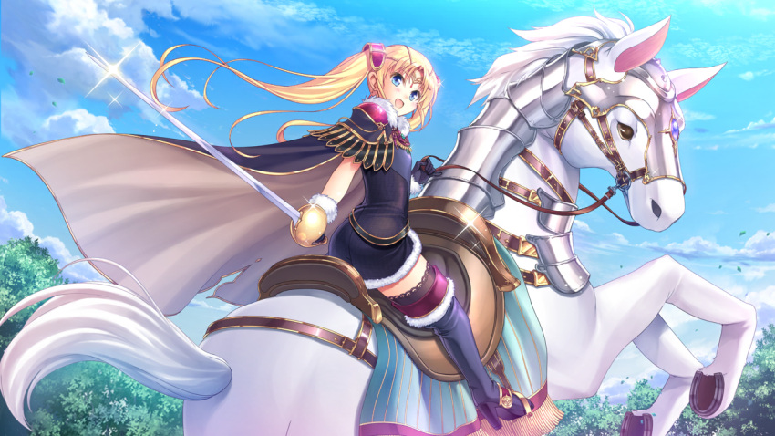 1girl aiyoku_no_eustia barding bekkankou belt black_cape black_footwear black_gloves blonde_hair blue_eyes blue_sky boots cape cloud day dress earrings fur-trimmed_gloves fur_trim game_cg gloves hair_ornament holding holding_sword holding_weapon horse horseback_riding iris_mysteria! jewelry licia_de_novus_yurii long_hair looking_at_viewer looking_back loose_belt rapier riding saddle short_dress shoulder_pads sky smile sword thigh_boots thighhighs tiara twintails weapon white_horse