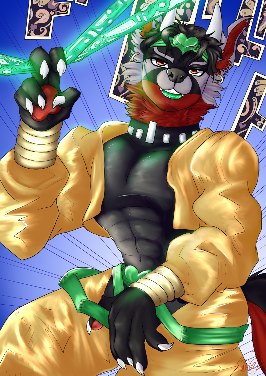 absurd_res alternate_species anthro canid canid_demon demon dio_brando emerald_(gem) furrification gem gold_clothing hellhound hi_res hybrid jojo's_bizarre_adventure jojo_pose lipstick makeup male mammal redraw solo starseeker