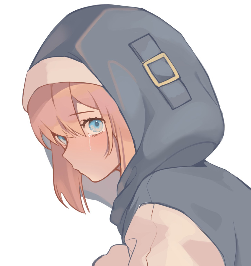 1boy blonde_hair blue_eyes bridget_(guilty_gear) guilty_gear guilty_gear_strive habit highres hood hood_up hooded_jacket jacket looking_at_viewer male_focus medium_hair otoko_no_ko simple_background tears upper_body white_background yeji36