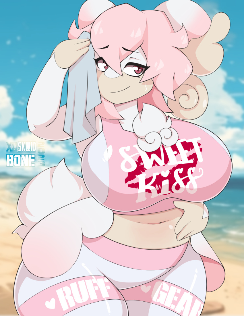 addison_(skwidbone) audino beach big_breasts bottomwear bra breasts clothing cloud female generation_5_pokemon hi_res mega_audino mega_evolution nintendo pants pokemon pokemon_(species) sand seaside skwidbone sky slightly_chubby solo thick_thighs towel underwear water