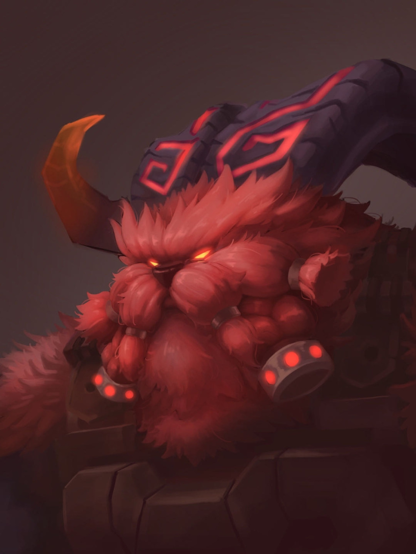 1boy armor black_horns body_fur braid braided_beard breastplate facial_hair furry furry_male glowing glowing_eyes goat_boy highres horns league_of_legends male_focus mujiao ornn red_fur red_horns solo two-tone_horns yellow_eyes