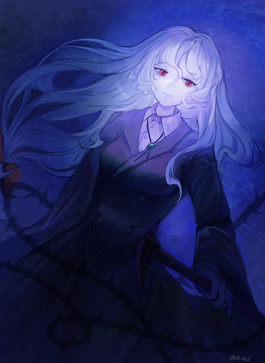 1other androgynous blue_background bolo_tie cane cones_(c0_nes) elias_ainsworth highres holding holding_cane long_hair long_sleeves looking_at_viewer mahou_tsukai_no_yome pale_skin plant red_eyes solo thorns very_long_hair vines white_hair