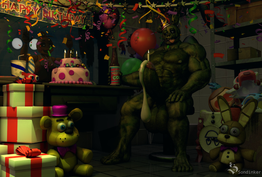 3d_(artwork) anthro ballon birthday_cake birthday_gift bodily_fluids cake chica_(fnaf) cum dessert digital_media_(artwork) duo female five_nights_at_freddy's five_nights_at_freddy's_3 food genital_fluids hi_res humanoid leaking_cum machine male muscular muscular_anthro muscular_male pecs plushie robot robot_humanoid scottgames sondinker_fazbear's springtrap_(fnaf) toy