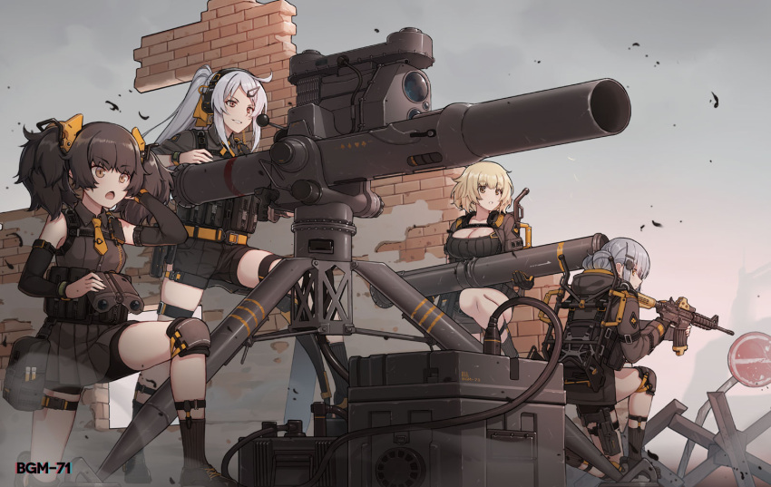 4girls anti-tank_missile assault_rifle bgm-71_(girls'_frontline) binoculars black_gloves black_sweater blonde_hair breasts brick_wall broken_wall brown_eyes brown_hair brown_jacket brown_shirt brown_shorts brown_skirt cable character_name chestnut_mouth cleavage cleavage_cutout clothing_cutout czech_hedgehog detached_sleeves fingerless_gloves girls'_frontline gloves grin gun hair_ornament hairclip hand_on_own_ear handgun headset highres holding holding_binoculars holding_gun holding_weapon holster holstered jacket knee_pads long_hair m4_carbine military_operator missile multiple_girls necktie official_art on_one_knee open_mouth pleated_skirt ponytail pouch reloading ribbed_sweater rifle road_sign shirt shoes short_hair short_necktie shorts sign skirt sleeveless sleeveless_shirt smile snap-fit_buckle socks sweater tactical_clothes terras thigh_holster tow_atgm trigger_discipline tripod twintails weapon white_hair yellow_necktie