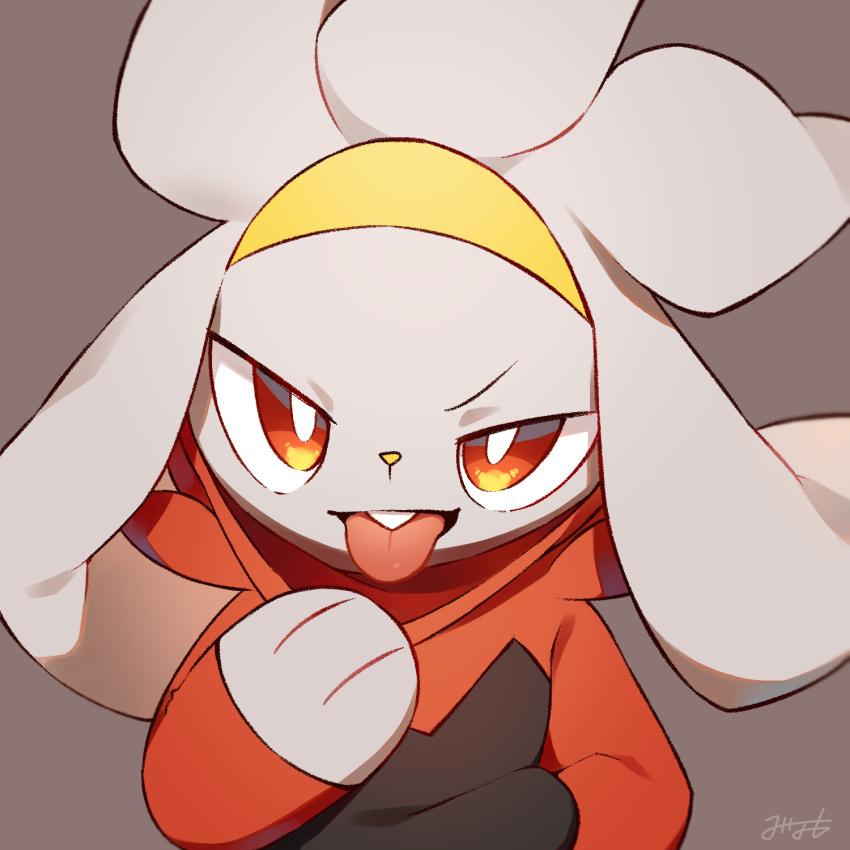 ambiguous_gender anthro brown_background buckteeth generation_8_pokemon half-length_portrait hi_res lagomorph long_ears looking_at_viewer mammal minamo_(pixiv17726065) nintendo pokemon pokemon_(species) portrait raboot red_eyes signature simple_background solo teeth tongue tongue_out