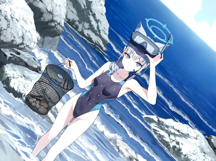1girl absurdres animal_ear_fluff animal_ears arm_up armpits artist_request black_one-piece_swimsuit blue_archive blue_eyes blue_halo blue_sky breasts bright_pupils collarbone competition_swimsuit covered_navel cross cross_hair_ornament day earrings extra_ears fishing_net foaming_waves game_cg goggles goggles_on_head grey_hair hair_ornament halo highleg highleg_swimsuit highres holding inverted_cross jewelry long_hair looking_at_viewer low_ponytail mismatched_pupils multicolored_clothes multicolored_swimsuit non-web_source ocean official_alternate_costume official_alternate_hairstyle official_art one-piece_swimsuit ponytail shiroko_(blue_archive) shiroko_(swimsuit)_(blue_archive) sky small_breasts snorkel solo swimsuit two-tone_swimsuit wading wet white_pupils wolf_ears