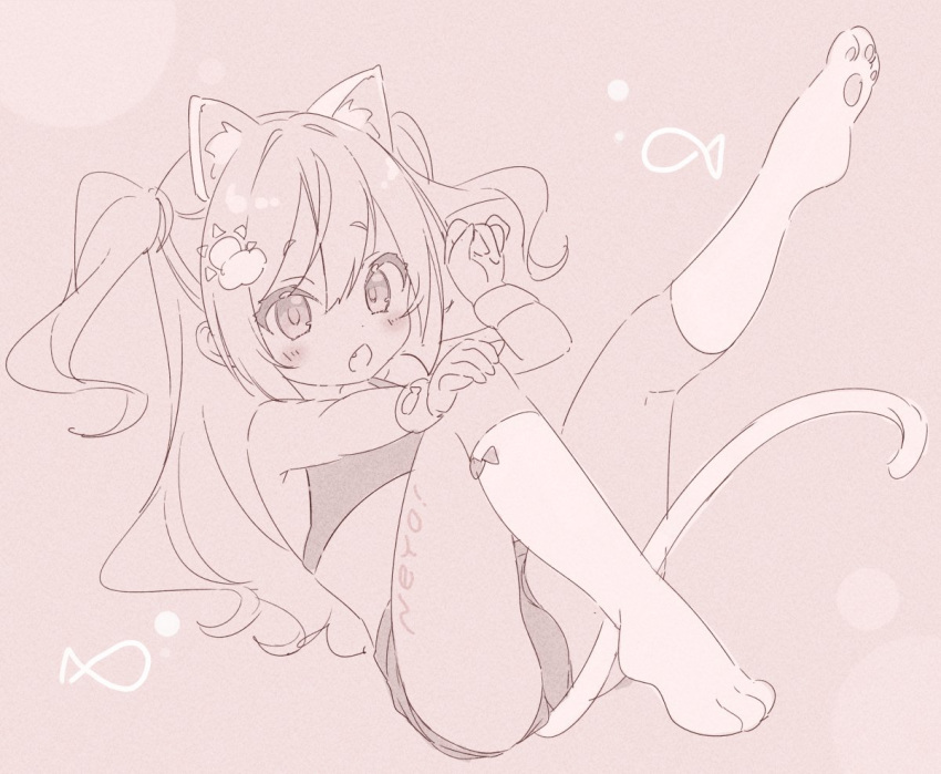 1girl animal_ears bare_shoulders blush body_writing brown_background cat_ears cat_girl cat_tail commentary fang full_body hair_between_eyes hand_on_own_knee hands_up jigatei_(omijin) kneehighs leg_up long_hair looking_at_viewer monochrome no_shoes open_mouth original romaji_text shoe_soles simple_background socks solo symbol-only_commentary tail two_side_up very_long_hair