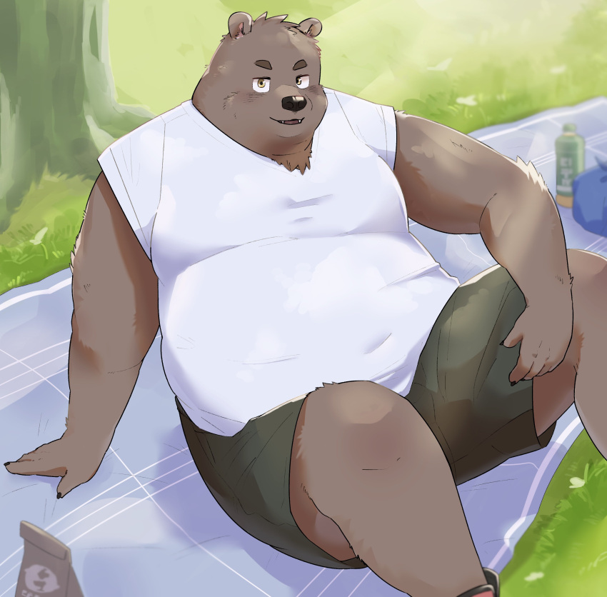 2023 absurd_res anthro bear belly big_belly bottomwear clothing detailed_background en_1_9 hi_res humanoid_hands kemono male mammal overweight overweight_male plant shirt shorts sitting solo topwear tree