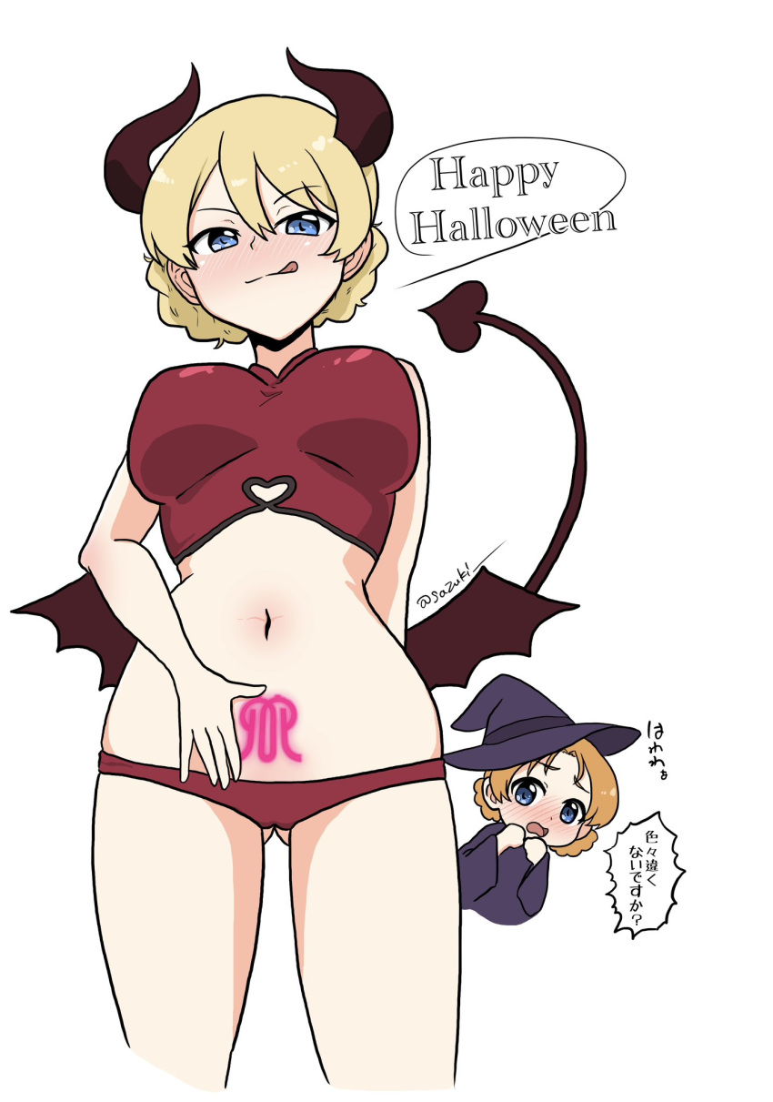 2girls :q ass_visible_through_thighs blonde_hair blue_dress blue_eyes blush braid breasts closed_mouth clothing_cutout commentary cowboy_shot cropped_legs cropped_torso darjeeling_(girls_und_panzer) demon_horns demon_tail demon_wings dress girls_und_panzer half-closed_eyes halloween halloween_costume hand_on_own_stomach happy_halloween hat heart_cutout highres horns large_breasts licking_lips long_sleeves looking_at_another looking_at_viewer low_wings lowleg lowleg_panties multiple_girls navel orange_hair orange_pekoe_(girls_und_panzer) panties peeking_out pubic_tattoo red_panties red_shirt sazukichi shirt short_hair sleeveless sleeveless_shirt smile standing symbol-only_commentary tail tattoo tongue tongue_out translated twin_braids twitter_username underwear wings witch_hat