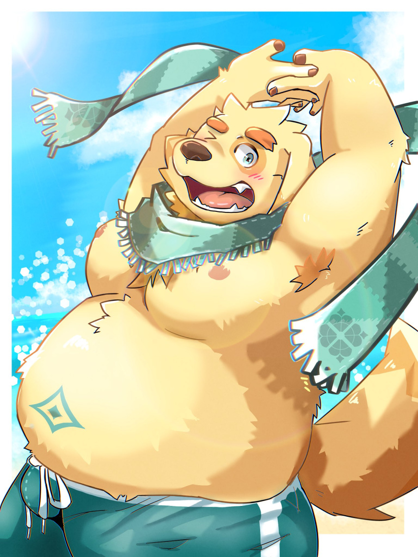 anthro belly bird_dog blush bottomwear canid canine canis clothing cu_sith_(tas) domestic_dog eyebrows fur golden_retriever hi_res hunting_dog itatuki_78 lifewonders male mammal moobs nipples one_eye_closed overweight retriever scarf shorts smile solo swimwear thick_eyebrows tokyo_afterschool_summoners wink yellow_body yellow_fur
