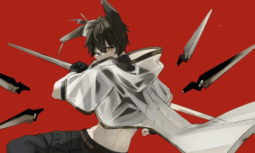 1boy animal_ears arknights ayerscarpe_(arknights) black_gloves black_pants black_shirt brown_eyes crop_top ear_piercing gloves hair_over_one_eye highres holding hood hood_down hooded_jacket jacket male_focus midriff pants piercing rabbit_ears red_background see-through senjou_no_pentsu shirt short_sleeves simple_background solo white_jacket wide_sleeves