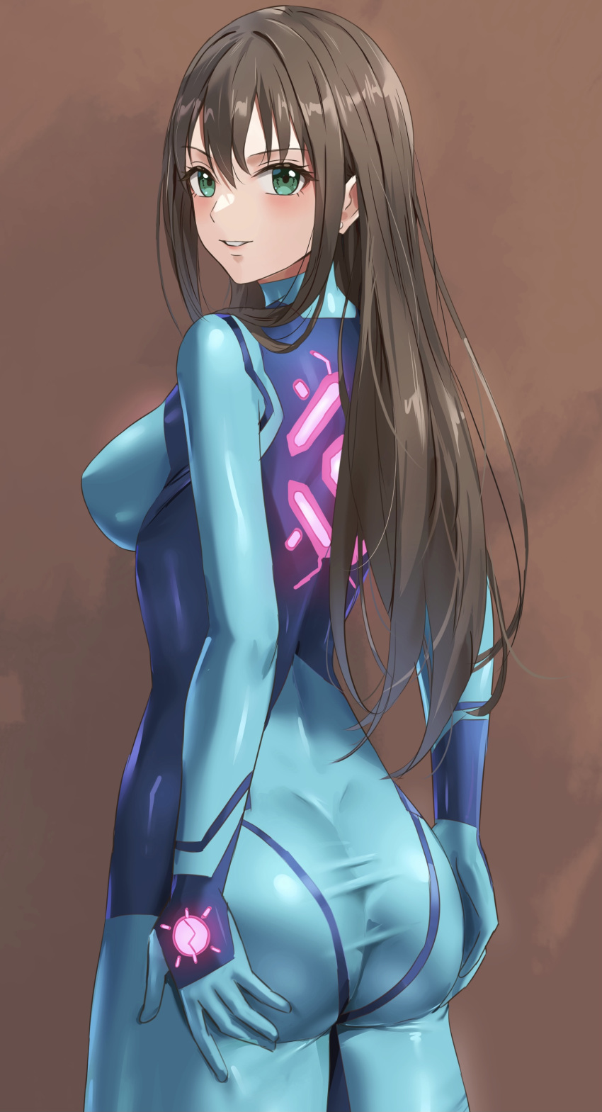 1girl absurdres amayo_thranana aqua_bodysuit ass blue_bodysuit blush bodysuit breasts brown_hair cosplay green_eyes highres idolmaster idolmaster_cinderella_girls long_hair looking_at_viewer medium_breasts metroid parted_lips samus_aran samus_aran_(cosplay) shibuya_rin smile solo taut_clothes zero_suit