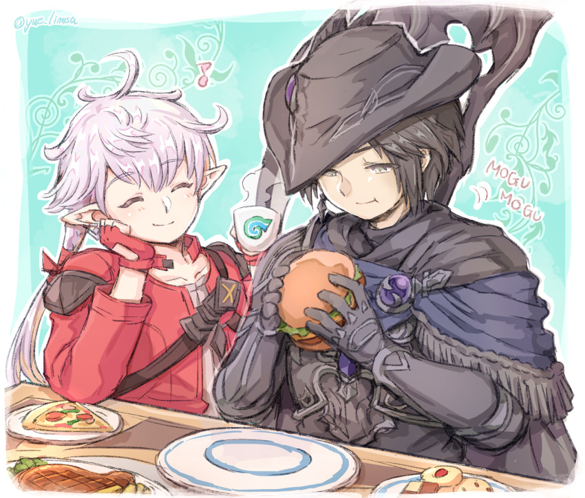 2girls :t alisaie_leveilleur armor black_gloves black_hair black_headwear blush burger cloak closed_eyes closed_mouth cookie eating facing_another final_fantasy final_fantasy_xiv fingerless_gloves food gauntlets gloves grey_eyes hat highres holding holding_food jacket looking_down messy_hair multiple_girls pink_hair pizza pizza_slice pointy_ears ponytail red_gloves red_jacket short_hair shoulder_armor sitting smile steak steam twitter_username yue_limsa zero_(ff14)