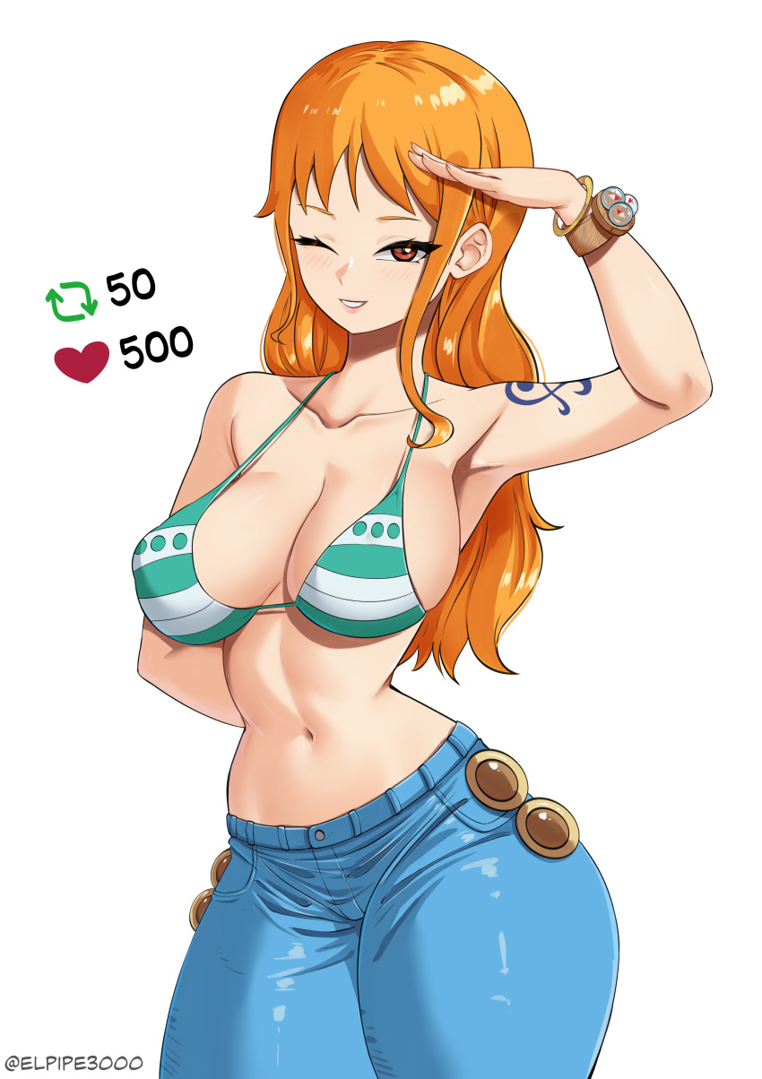 1girl absurdres arm_up armpits bikini bikini_top_only blue_pants bracelet breasts brown_eyes collarbone cowboy_shot elpipe_3000 grin heart highres jewelry large_breasts like_and_retweet log_pose long_hair looking_at_viewer meme nami_(one_piece) narrow_waist navel one_eye_closed one_piece orange_hair pants parted_lips salute shoulder_tattoo simple_background smile solo stomach strap_gap swimsuit tattoo twitter_strip_game_(meme) white_background wide_hips