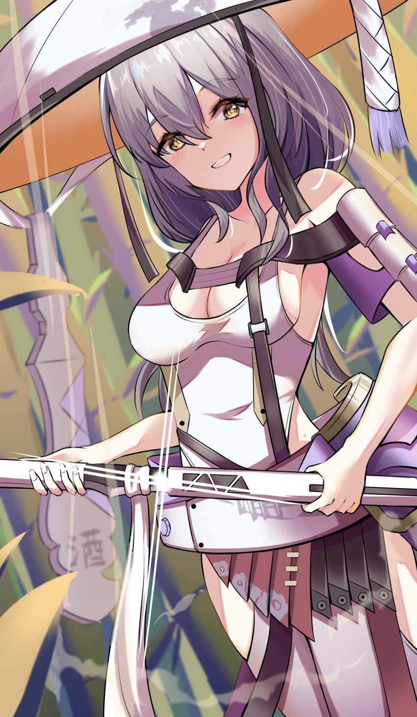 1girl absurdres armor bamboo bamboo_forest breasts cleavage doku_kinoko_(avzu5522) forest glint goddess_of_victory:_nikke grey_hair grin hair_between_eyes hat highres holding holding_weapon japanese_armor jingasa large_hat leotard light_blush long_hair looking_at_viewer medium_breasts nature scarlet_(nikke) sheath shoulder_armor smile sode solo sword weapon white_leotard yellow_eyes