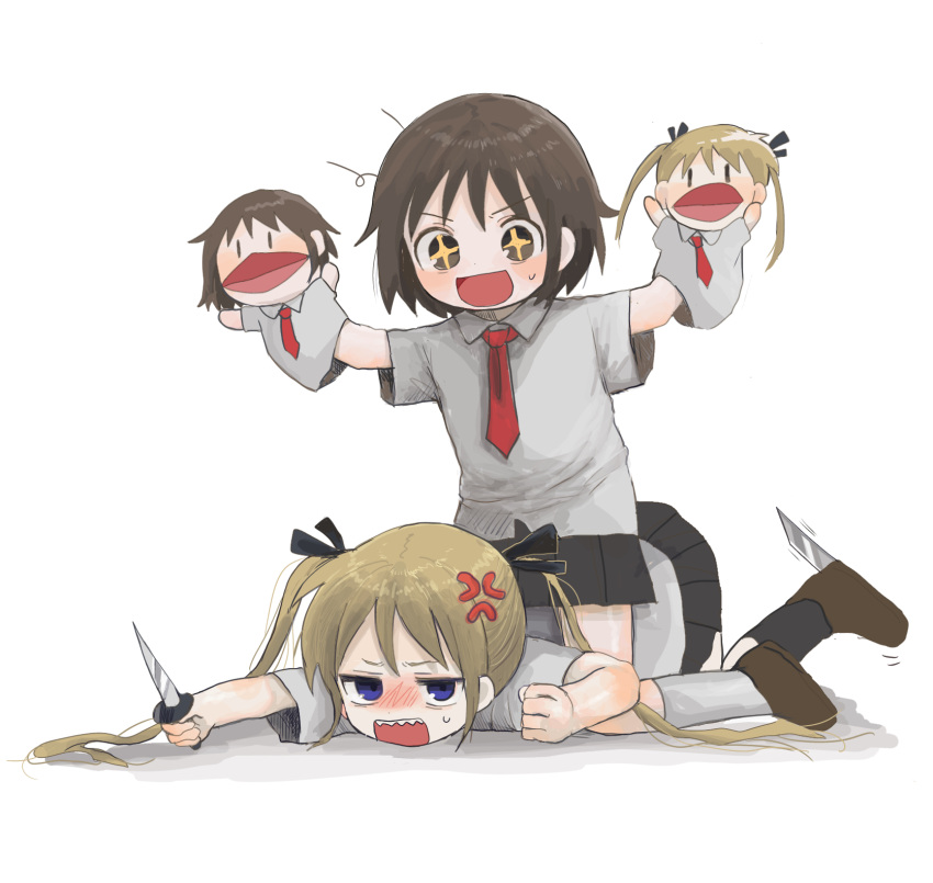 +_+ 2girls anger_vein angry arms_up bags_under_eyes black_ribbon black_socks blonde_hair blue_eyes blush brown_eyes brown_footwear brown_hair clenched_hand collared_shirt commentary_request fighting full_body furrowed_brow girl_on_top hair_ribbon hand_puppet highres holding holding_knife kill_me_baby kneehighs knife loafers long_hair looking_at_another looking_back looking_up loose_hair_strand multiple_girls necktie oribe_yasuna outstretched_arms pleated_skirt puppet red_necktie ribbon sharp_teeth shirt shoe_blade shoes short_hair short_sleeves simple_background skirt smile socks sonya_(kill_me_baby) spread_arms straddling sweat teeth twintails v-shaped_eyebrows white_background white_shirt white_socks yasashii_naizou