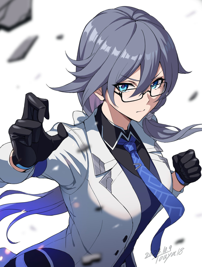 1girl black-framed_eyewear black_gloves blue_eyes blue_necktie closed_mouth dated fighting_stance fu_hua fu_hua_(night_squire) glasses gloves grey_hair hair_between_eyes highres honkai_(series) honkai_impact_3rd long_sleeves looking_at_viewer martial_arts necktie signature simple_background solo touya_(the-moon) upper_body v-shaped_eyebrows white_sleeves