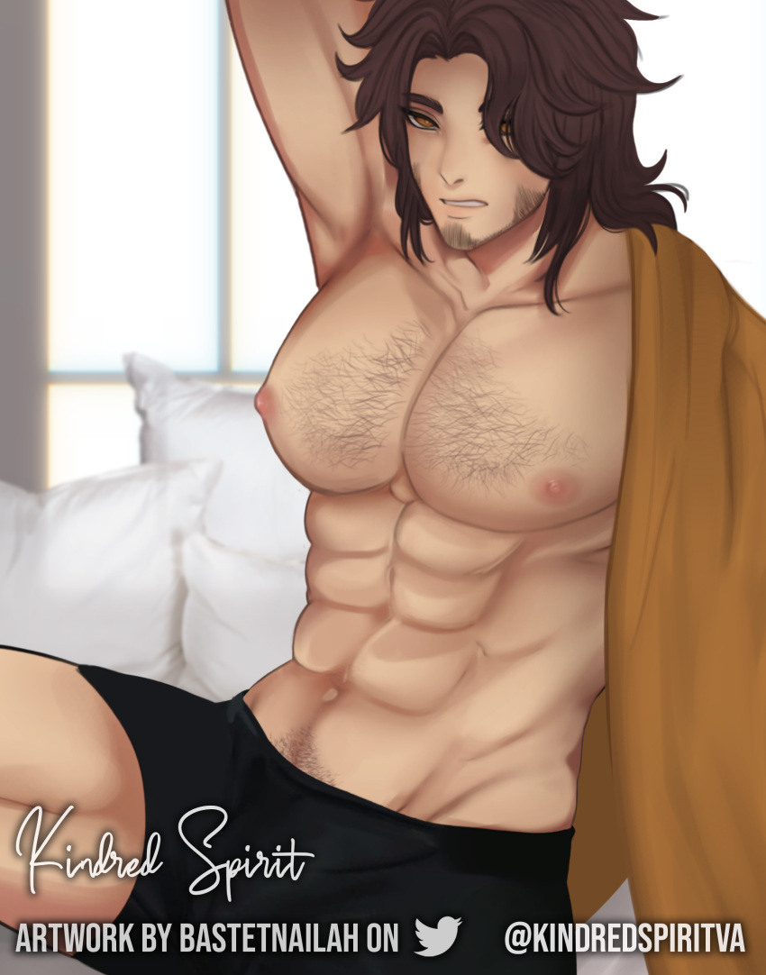 absurdres after_sex angry angry_eyes angry_face bad_source bara bara_tits bed bed_sheet chest_hair clothes_removed highres kindredspirit kindredspiritva kindredspiritvtuber looking_at_viewer male_focus male_nipples messy_hair muscular muscular_male on_bed solo solo_male waking_up