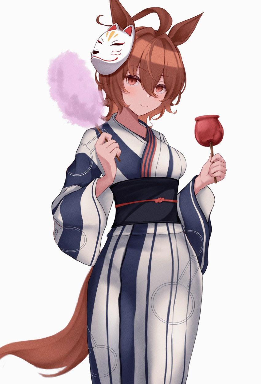 1girl agnes_tachyon_(umamusume) ahoge animal_ears brown_hair candy_apple closed_mouth commentary_request cotton_candy cowboy_shot food fox_mask hair_between_eyes highres holding holding_food horse_ears horse_girl horse_tail japanese_clothes kimono looking_at_viewer mask oil-paper_umbrella peperoncino-sama red_eyes short_hair simple_background smile solo striped striped_kimono tail umamusume umbrella white_background