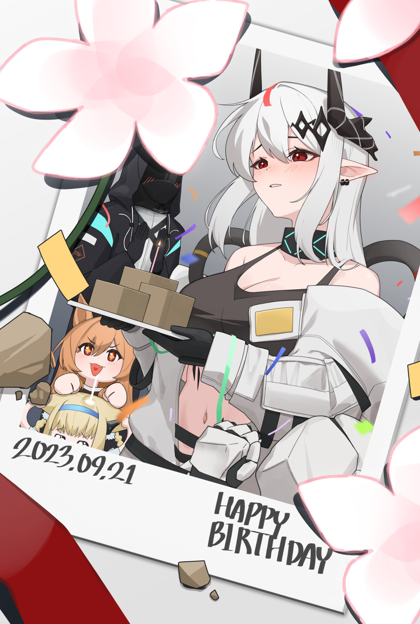 +_+ 1girl absurdres ambiguous_gender apple arknights bare_shoulders birthday birthday_cake black_choker black_coat black_collar black_gloves black_jacket black_sports_bra black_tank_top blonde_hair blush breasts cake ceobe_(arknights) choker cleavage coat collar confetti crop_top dated demon_horns doctor_(arknights) earrings english_text flower food fruit gloves hammer happy_birthday highres holding holding_tray hood hood_up hooded_coat hooded_jacket horns infection_monitor_(arknights) jacket jewelry jumpsuit kasasasagi long_hair long_sleeves mudrock_(arknights) mudrock_(elite_ii)_(arknights) mudrock_colossus_(arknights) orange_hair oripathy_lesion_(arknights) orirock_(arknights) pink_flower pointy_ears red_eyes red_ribbon rhodes_island_logo ribbon sledgehammer solo sports_bra stomach suzuran_(arknights) tank_top tray white_hair white_jumpsuit