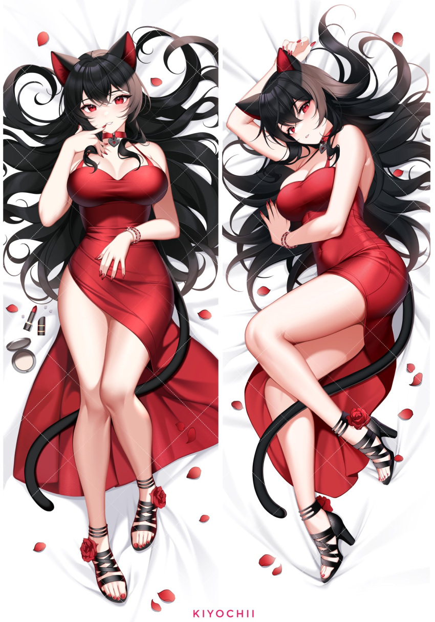 1girl animal_ears arm_up bare_arms bare_legs bare_shoulders bed_sheet black_hair bracelet breasts cat_ears cat_tail choker cleavage cocktail_dress covered_navel dakimakura_(medium) dress finger_to_mouth grin hair_spread_out halterneck hand_on_own_stomach heart high_heels highres jewelry kiyochii lanfear large_breasts long_hair looking_at_viewer lying multiple_views nail_polish on_bed parted_lips red_choker red_dress red_eyes red_nails side_slit sleeveless sleeveless_dress smile spaghetti_strap tail thighs very_long_hair vrchat