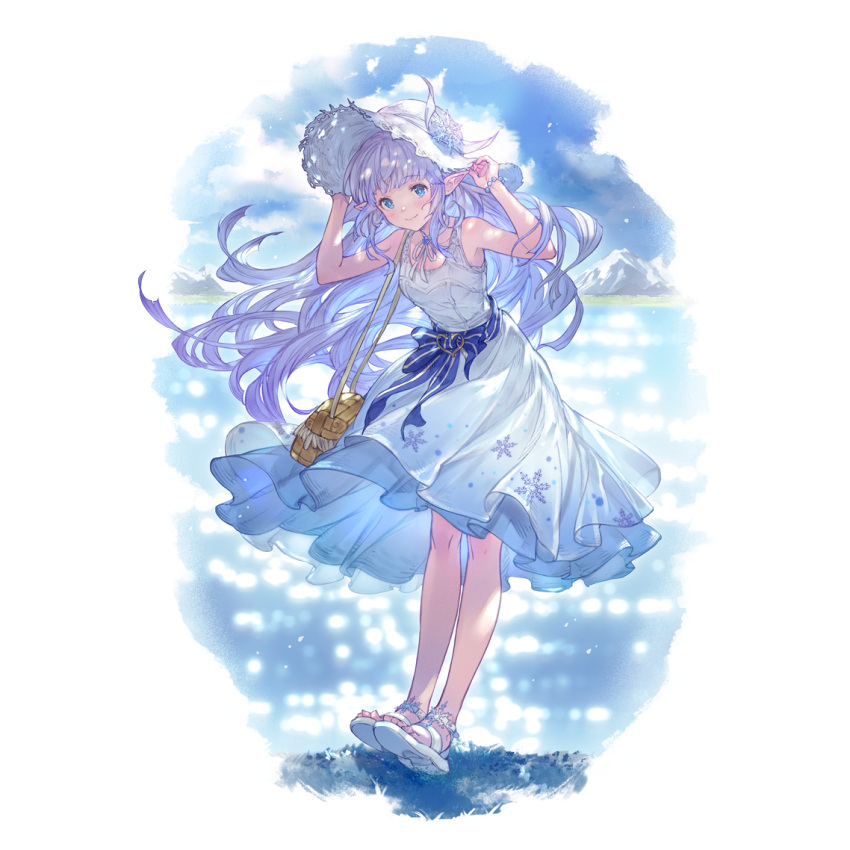 1girl bag bead_bracelet beads blue_sky blush bracelet choker closed_mouth cloud collarbone day dress full_body granblue_fantasy handbag hat jewelry lake lily_(granblue_fantasy) lips long_hair looking_at_viewer minaba_hideo mountain official_art outdoors pointy_ears sky sleeveless sleeveless_dress smile solo standing sun_hat transparent_background very_long_hair white_choker white_dress white_footwear white_headwear