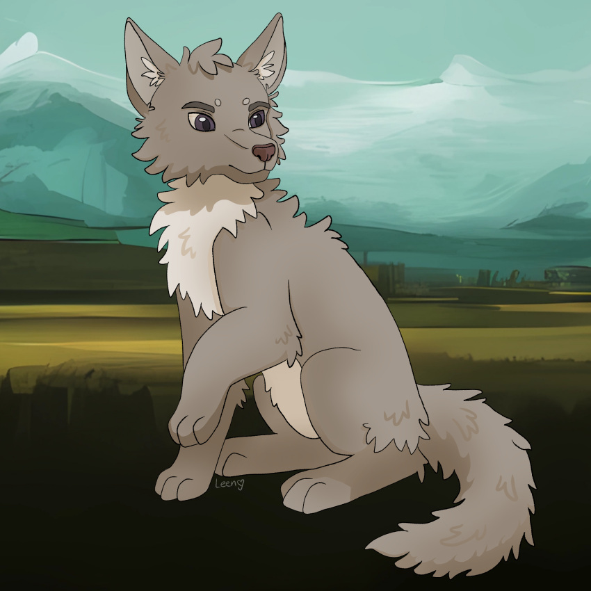 ambiguous_gender anthro brown_wolf canid canine canis feral fluffy furry hi_res invalid_background invalid_tag leeny mammal mountain purple_eyes scenery solo wolf