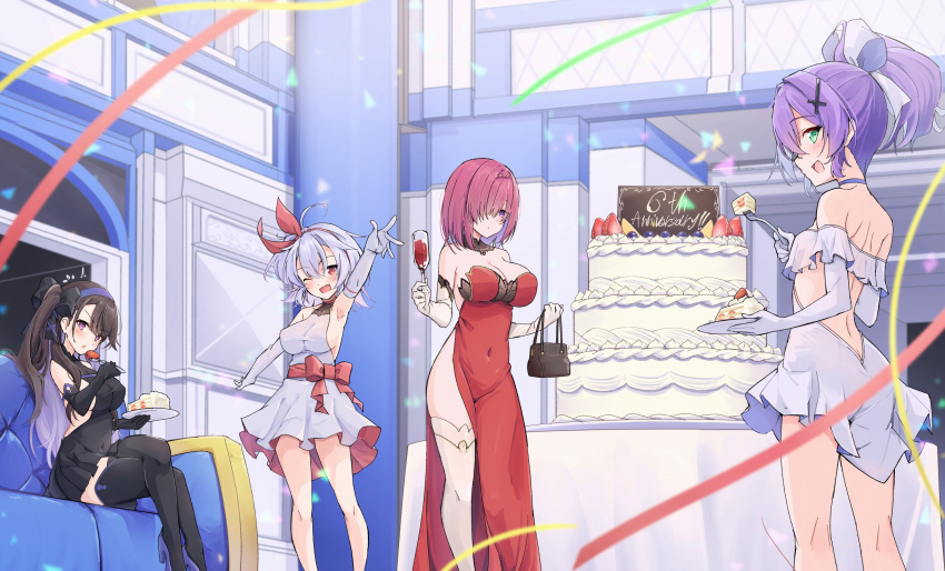 4girls anniversary azur_lane bag bare_shoulders black_dress black_hair breasts cake commentary_request couch covered_navel cross_hair_ornament crossed_legs dress elbow_gloves food fork frilled_dress frills gloves green_eyes hair_ornament hair_over_one_eye hair_ribbon handbag highres holding holding_fork holding_plate indoors javelin_(azur_lane) kent_(azur_lane) large_breasts leer.meer long_hair looking_at_viewer multiple_girls on_couch pamiat_merkuria_(azur_lane) penelope_(azur_lane) plate purple_hair red_dress red_eyes red_ribbon ribbon short_dress side_slit sitting textless_version white_dress white_gloves white_hair