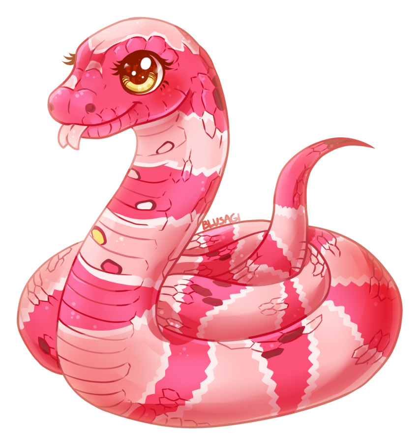 ambiguous_gender belly_scales big_eyes blusagi eyelashes feral forked_tongue hasbro hi_res littlest_pet_shop living_tail lps_1849 pink_body pink_scales reptile scales scalie smile snake snake_tail solo striped_body striped_scales stripes tail tongue tongue_out unusual_anatomy unusual_tail yellow_eyes