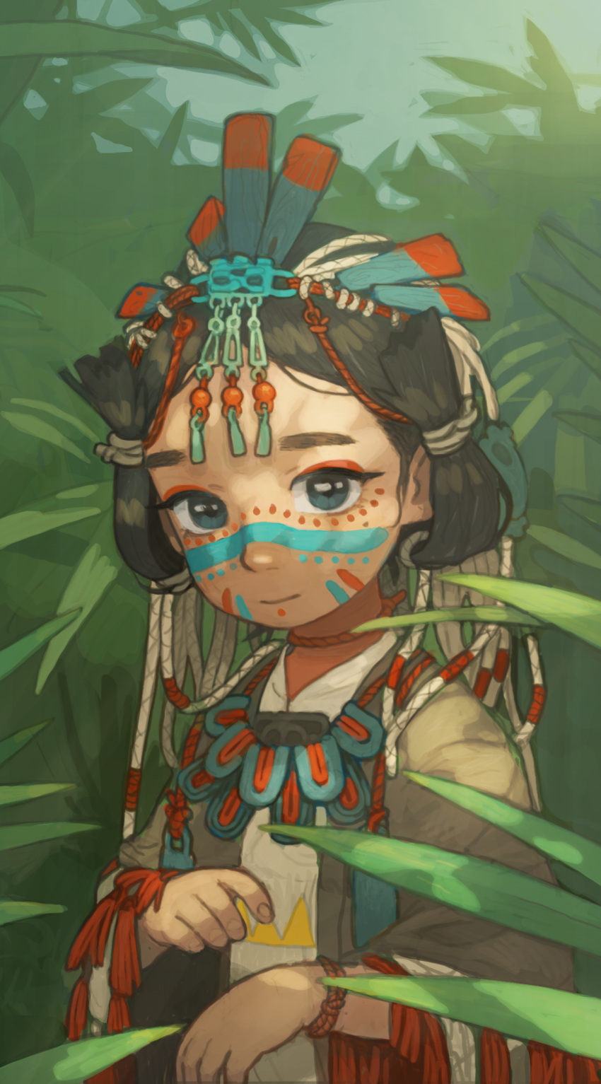 1girl aztec aztec_mythology black_hair blue_eyes child hair_ornament highres jewelry leaf looking_at_viewer opossumachine plant smile solo upper_body wristband