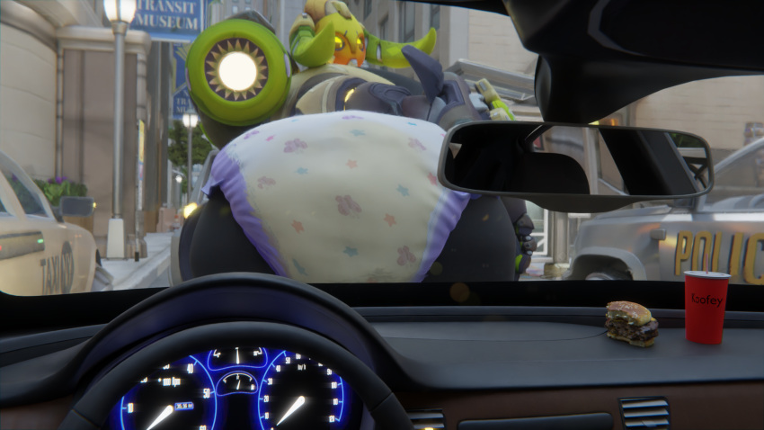 beverage blender_(software) blizzard_entertainment bodily_fluids burger butt car city city_background clothed clothing container cup diaper female food genital_fluids hi_res horn koofey light machine mirror orisa_(overwatch) overwatch police police_car presenting robot sitting smile solo street street_lamp taur teasing urine vehicle watermark wearing_diaper wet_diaper wetting