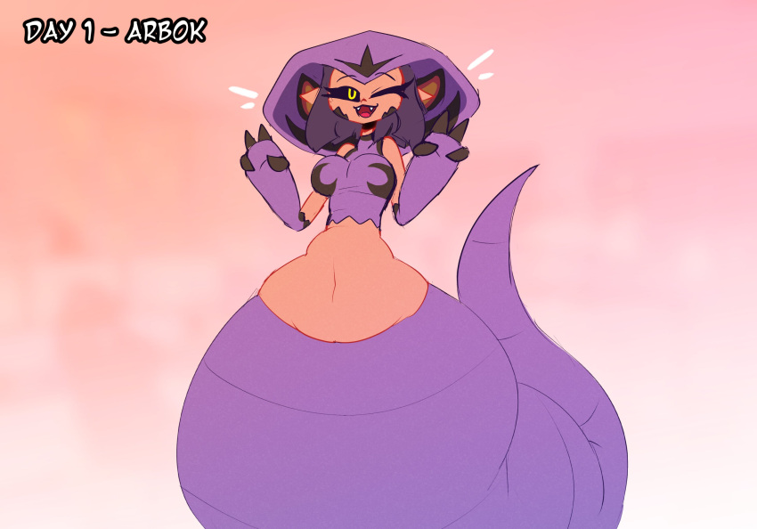 animal_humanoid apode arbok black_sclera breasts cosplay dark_body dark_skin draconcopode fangs female generation_1_pokemon hi_res humanoid humanoid_pointy_ears lamia legless looking_at_viewer mysterydad navel nintendo one_eye_closed open_mouth pokemon pokemon_(species) reptile reptile_humanoid scalie scalie_humanoid serpentine smile snake snake_humanoid solo split_form stel_(mysterydad) teeth text wide_hips wink yellow_eyes