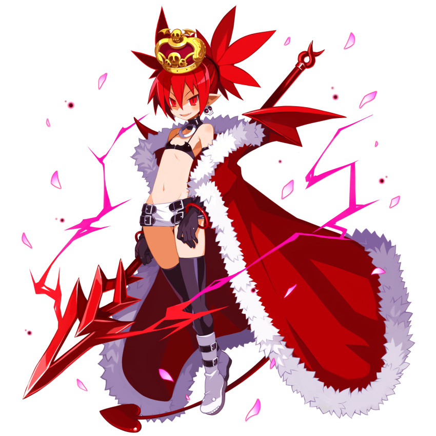 1girl black_gloves boots bracelet choker crown demon_girl demon_tail demon_wings disgaea disgaea_rpg earrings elbow_gloves etna_(disgaea) fang flat_chest full_body gloves highres holding holding_polearm holding_weapon jewelry long_tail navel non-web_source official_art open_mouth photoshop_(medium) pointy_ears polearm red_eyes red_hair red_tail red_wings robe skirt skull_earrings slit_pupils solo tail thighhighs transparent_background twintails weapon wings