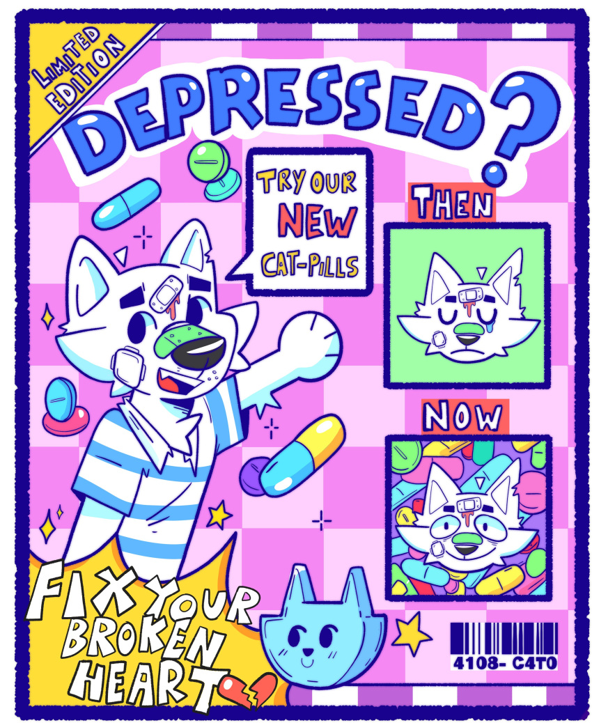 &lt;/3 &lt;3 2023 absurd_res advertisement anthro anti_depressants band-aid bandage barcode blood bodily_fluids border checkered_background clothed clothing comparing dialogue domestic_cat drugs english_text eyebrows eyes_closed felid feline felis frown fur hi_res looking_at_viewer male mammal notched_ear number open_mouth open_smile pattern_background pills pink_background shirt simple_background smile solo sparkles star talking_to_viewer tears teeth text tongue topwear tuft white_border wide_eyed zorro_chino