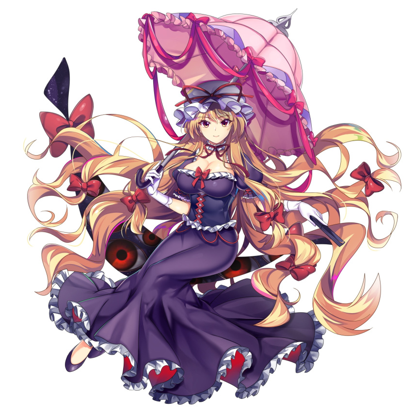 1girl black_footwear blonde_hair bow breasts cleavage closed_mouth dress folded_fan folding_fan full_body game_cg gap_(touhou) gloves hair_bow hand_fan hat highres holding holding_fan holding_umbrella large_breasts long_hair looking_at_viewer mob_cap pink_umbrella purple_dress red_bow rotte_(1109) short_sleeves simple_background smile solo third-party_source touhou touhou_lost_word umbrella very_long_hair white_background white_gloves white_headwear yakumo_yukari yellow_eyes